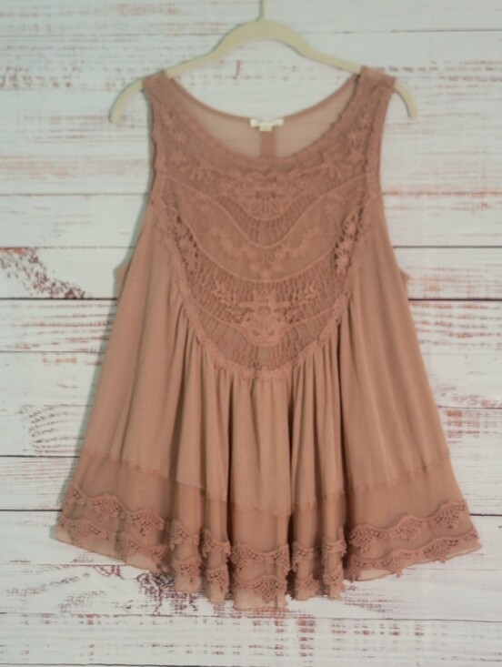 Ultra Pink Tops - Sheer Mesh Crochet Babydoll Sleeveless Tunic Top Beige Large